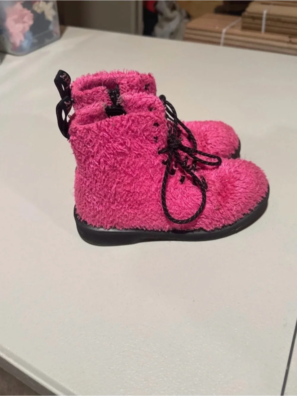 Fuzzy Pink Lace-Up Ankle Boots